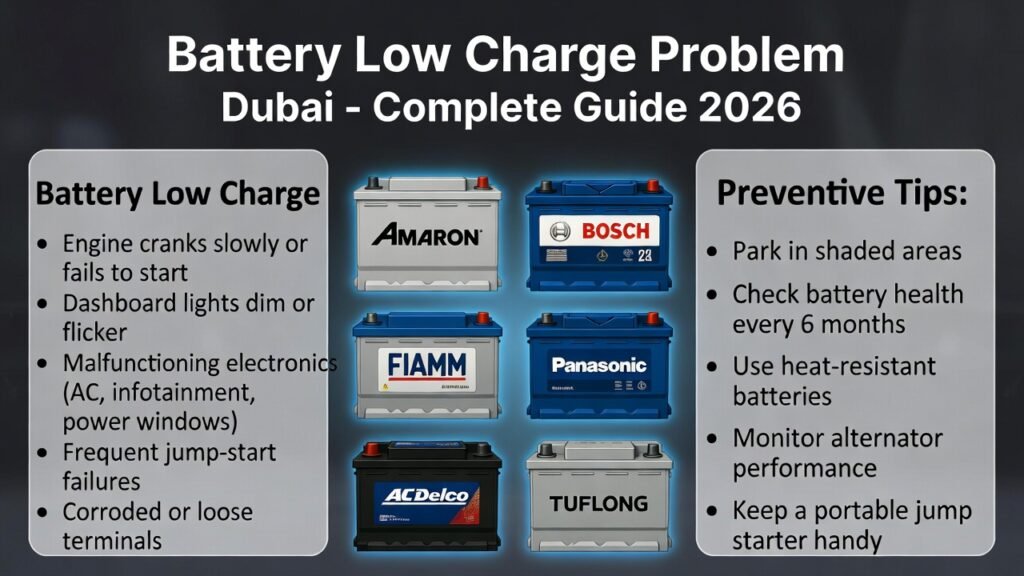 “User guide infographic showing symptoms, causes, and preventive tips for battery low charge problem in Dubai, with side panels for key points and central battery brand visuals in animated professional style.”