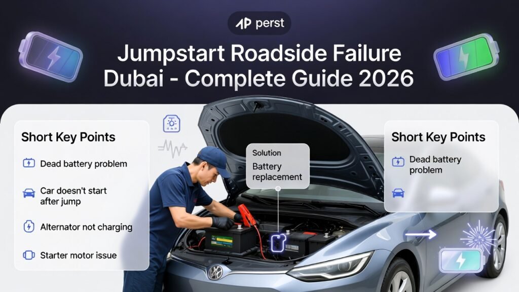 Jumpstart roadside failure Dubai guide showing a car with open hood and technician performing battery jump start with key troubleshooting points around the vehicle.