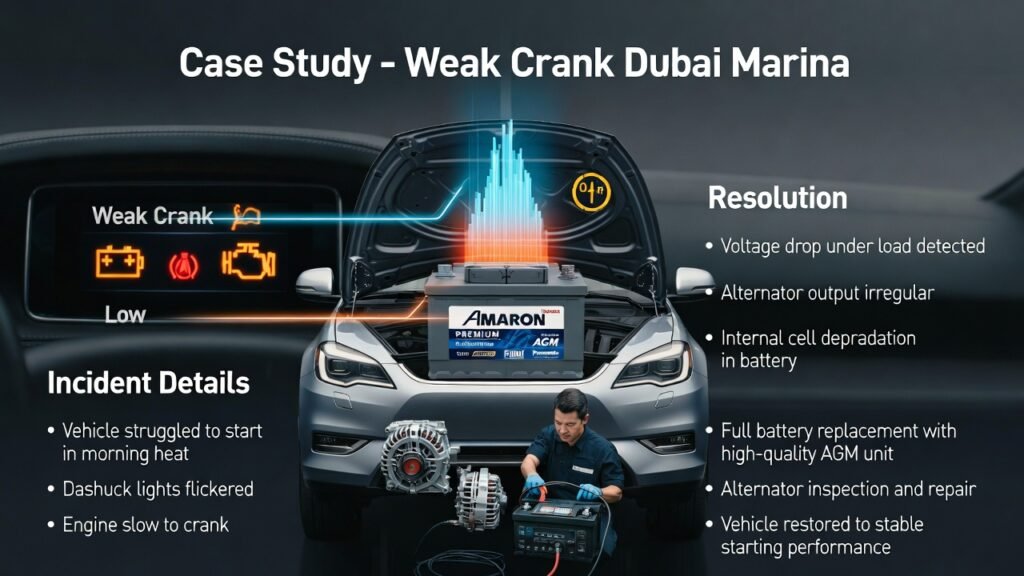 Infographic showing case study of weak crank in Dubai Marina: 2021 luxury SUV struggled to start after overnight parking. Dashboard flickering, slow engine crank, voltage drop under load, alternator irregularities, and internal battery cell degradation. Resolution includes battery replacement, alternator repair, and restoration of stable starting performance.