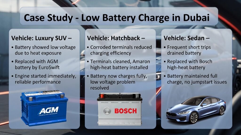 “User guide infographic showing case study of low battery charge in Dubai, with side panels for vehicle type, issue, action taken, and result, and central battery brand visuals in animated professional style.”