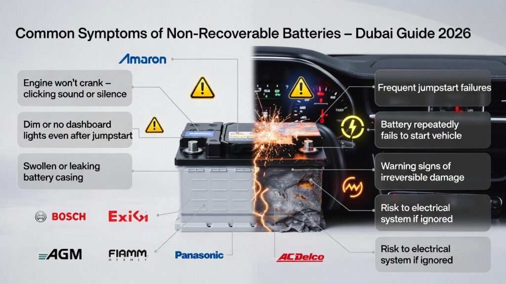 Luxury car battery with visible swelling, leakage, and physical damage, surrounded by infographic points showing symptoms such as engine not cranking, dim dashboard lights, repeated jumpstart failures, and premium battery brands.