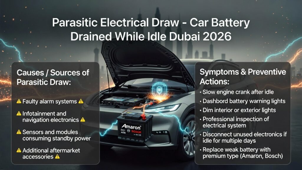 Modern SUV in Dubai showing parasitic electrical draw from alarms, infotainment, and sensors draining the battery while parked; infographic highlights causes, symptoms, and preventive actions with a premium branded battery.