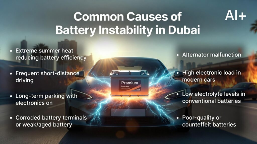 Infographic showing common causes of battery instability in Dubai, including heat, short trips, long-term parking, corroded terminals, weak batteries, alternator issues, and counterfeit batteries.