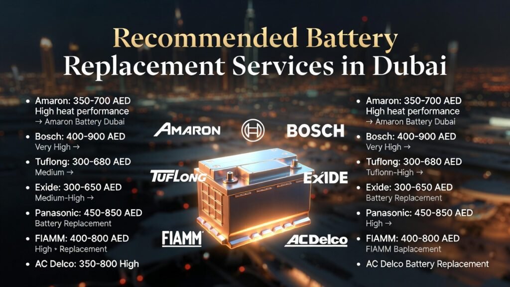 “Recommended Battery Replacement Services in Dubai” “Infographic showing recommended battery replacement services in Dubai with central glowing luxury car battery, side bullet points summarizing brands, price ranges, heat/performance, and animated logos around battery.”