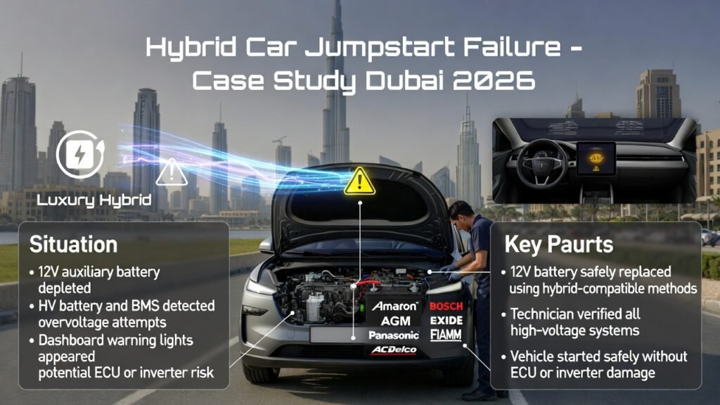 Luxury hybrid SUV parked in Downtown Dubai showing 12V auxiliary and HV batteries, technician inspecting battery with dashboard warning lights, and infographic points highlighting jumpstart failure, diagnosis, and safe actions.