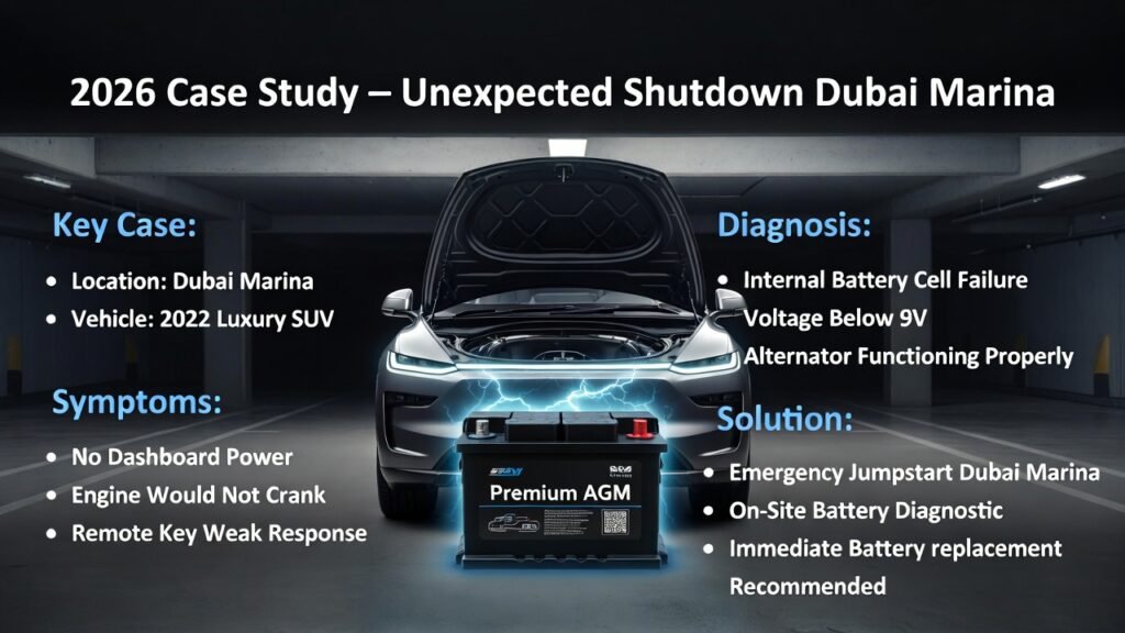 Premium 4K automotive case study infographic showing a 2022 luxury SUV in Dubai Marina basement parking with battery issue details, diagnosis, and emergency jumpstart solution displayed on both sides in a modern luxury layout.