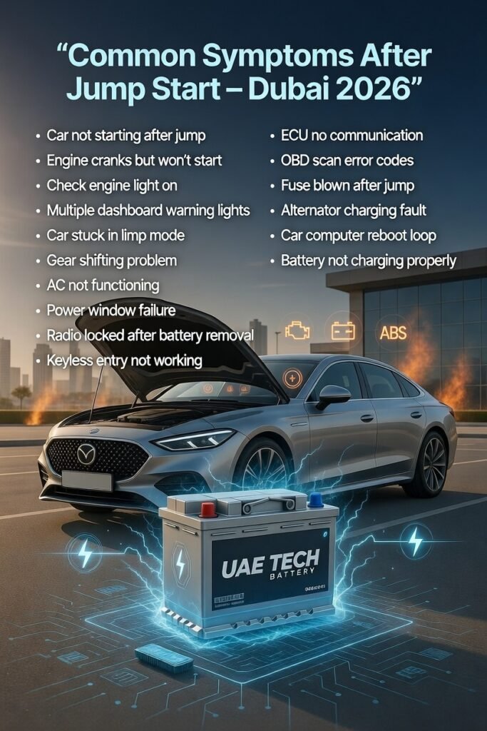 Infographic showing common car symptoms after jump start in Dubai, including engine cranking issues, dashboard warnings, ECU errors, and battery problems.