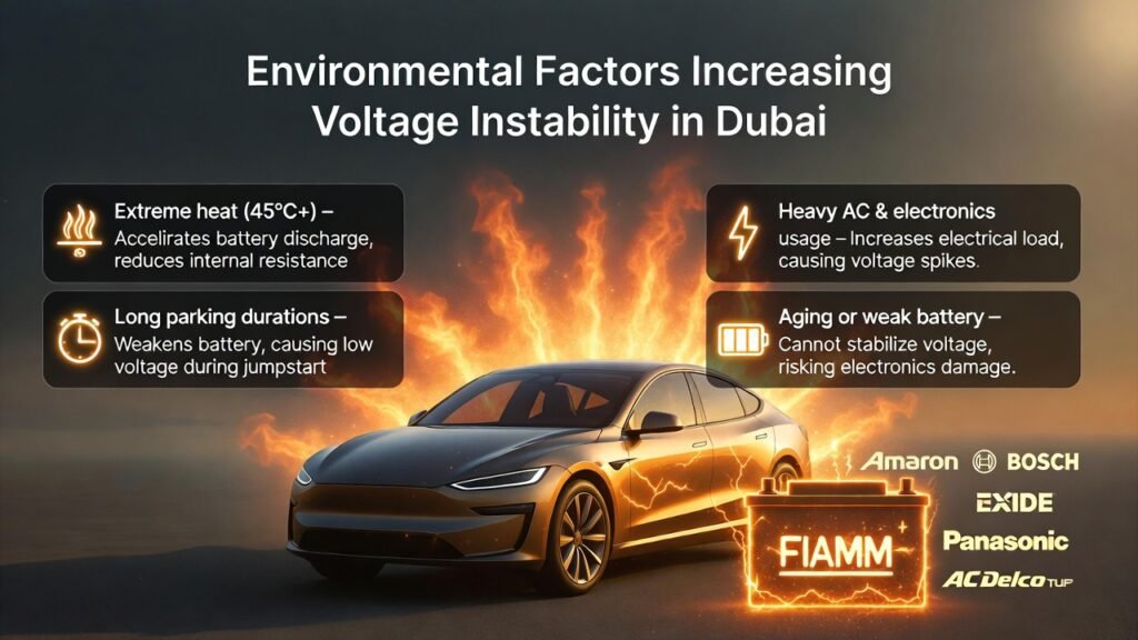 Environmental factors increasing voltage instability in Dubai with car battery under extreme heat, heavy AC load, long parking, and aging battery, featuring premium battery brands.