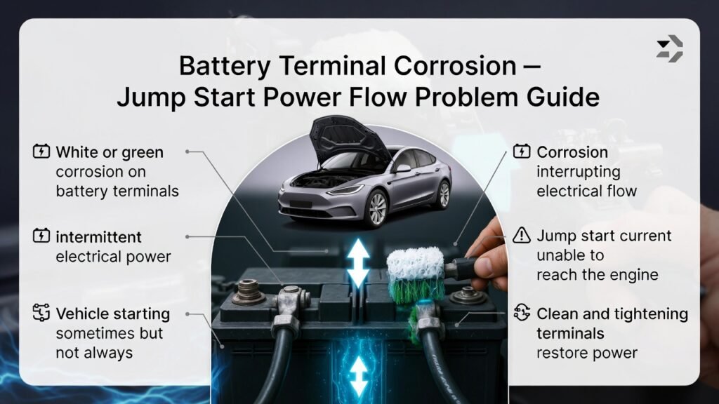 Car battery terminal corrosion showing white and green buildup on battery connections with infographic points explaining intermittent electrical power and jump start failure.
