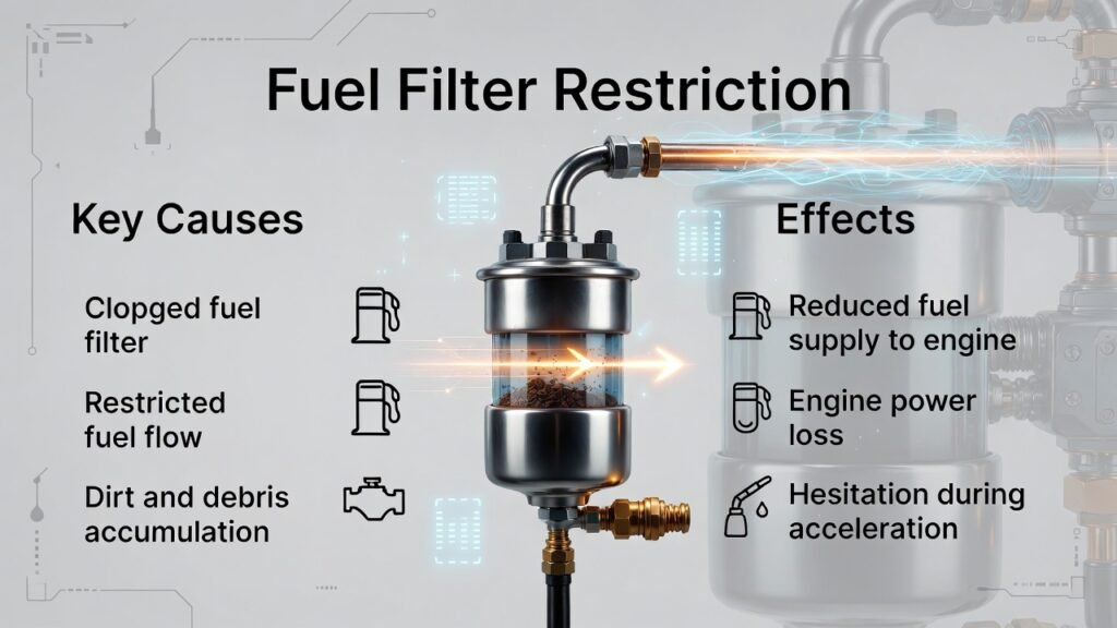 Fuel filter restriction infographic showing clogged fuel filter blocking fuel flow and causing engine power loss and acceleration hesitation