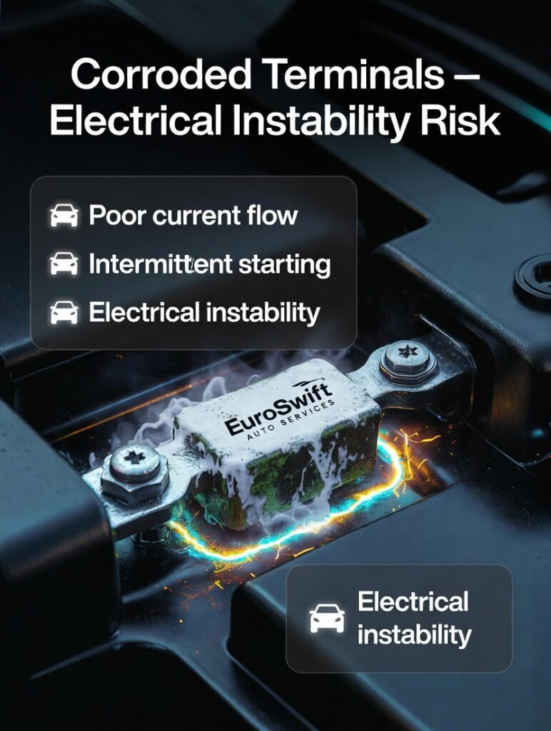 Infographic showing corroded car battery terminals with side bullet points about poor current flow, intermittent starting, and electrical instability.
