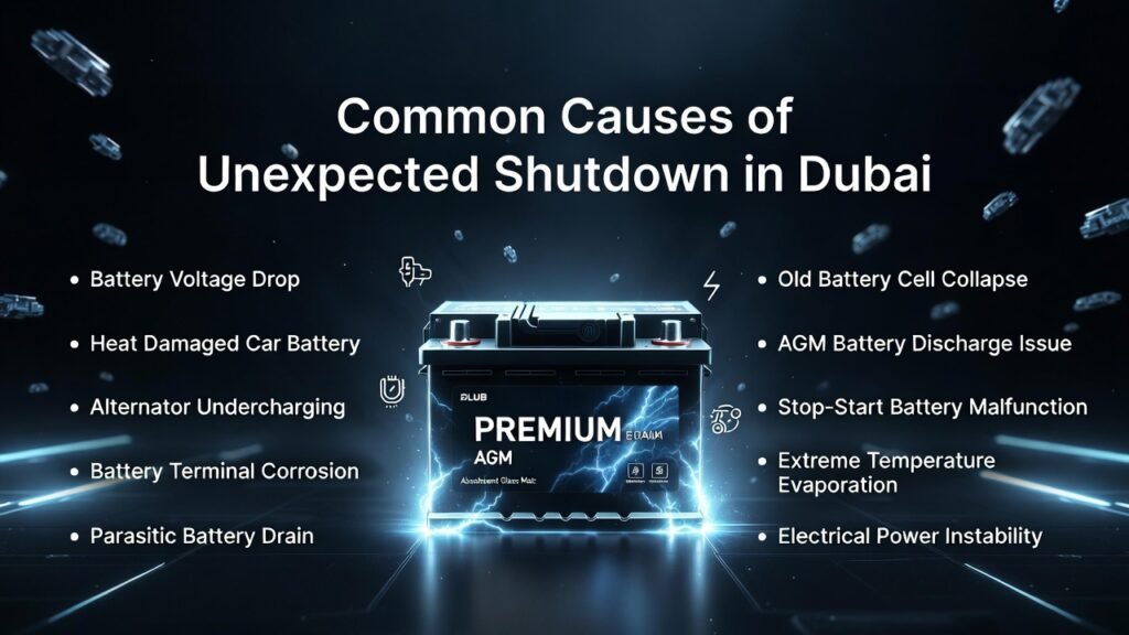 Premium 4K automotive infographic showing common causes of unexpected car shutdown in Dubai, with bold headline on top, central AGM car battery image, and key causes listed on both sides in a modern luxury design.