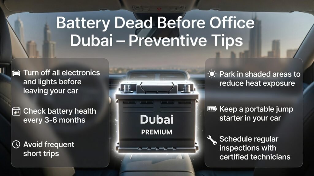 “Battery Dead Before Office Dubai – Animated user guide showing preventive tips for car battery health with premium battery in center and Dubai cityscape in background.”