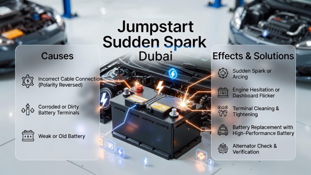 Infographic showing jumpstart sudden spark in Dubai, highlighting causes, effects, and solutions with a central battery visual and animated sparks.