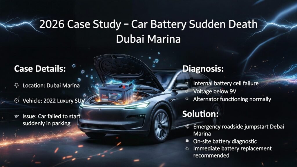High-quality 4K automotive case study infographic showing a 2022 luxury SUV in Dubai Marina with sudden car battery death, featuring dashboard and battery failure symptoms on the left and diagnosis plus solution on the right, with central battery visual and electric glow accents.