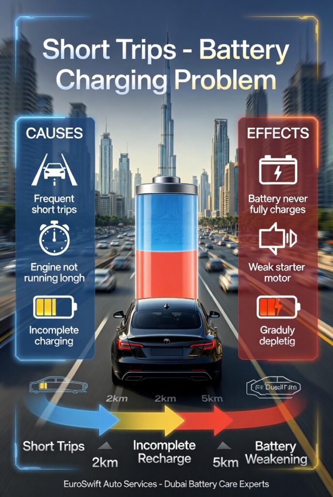 Car battery not fully charging due to short trips and frequent stop-start driving in city conditions.