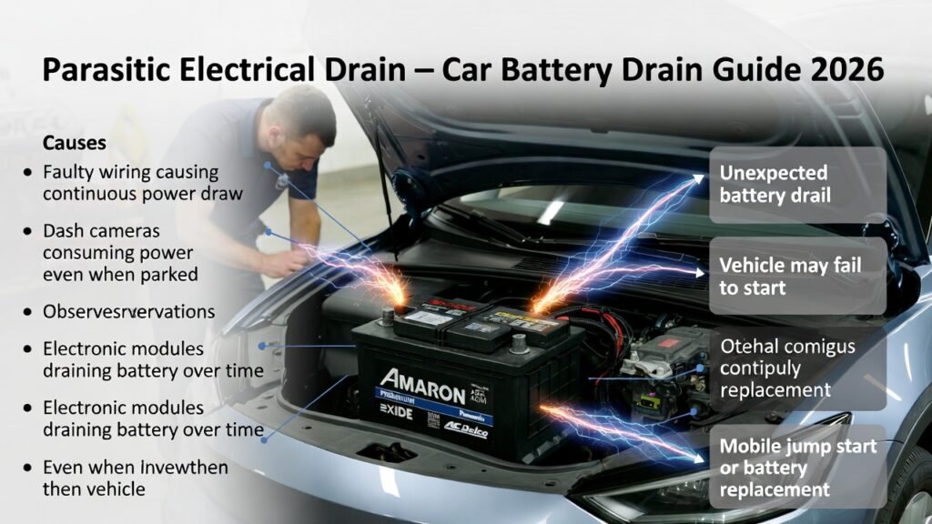 Car battery drained by parasitic electrical drain showing a parked vehicle with hood open, battery highlighted, and infographic points explaining causes and effects.
