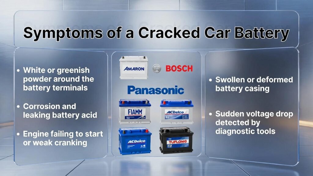 Symptoms of a Cracked Car Battery – User Guide “User guide infographic showing symptoms of a cracked car battery with key points on side panels and central battery brand visuals in animated, professional style.”