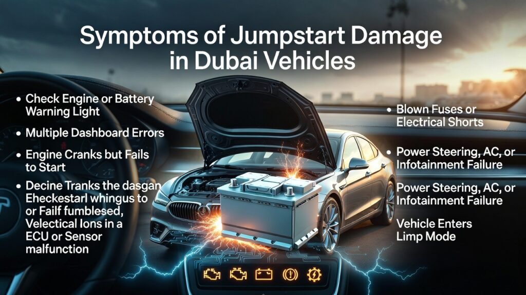 Infographic showing symptoms of jumpstart damage in Dubai vehicles, including dashboard warning lights, engine crank failure, ECU or sensor malfunction, blown fuses, power steering, AC, and infotainment failure, and limp mode activation.