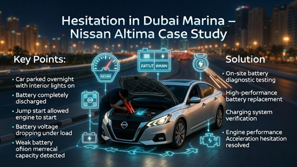 Nissan Altima battery failure case study in Dubai Marina showing jump start diagnostics and battery replacement solution