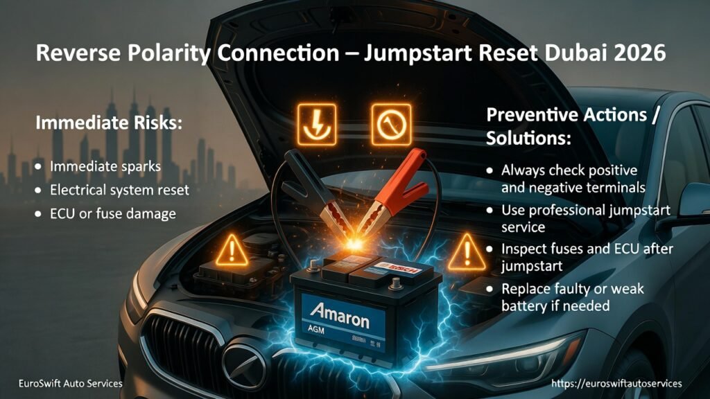 Modern SUV in Dubai with jumpstart cables connected incorrectly, causing sparks, electrical system reset, and potential ECU or fuse damage; infographic highlights immediate risks and preventive actions.