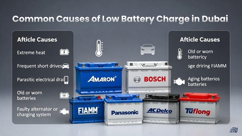 “User guide infographic showing common causes of low battery charge in Dubai, with side panels for main causes and central battery brand visuals in animated professional style.”