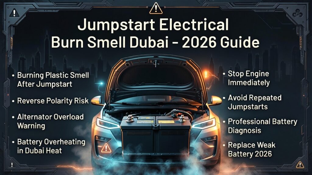 Car jumpstart electrical burn smell in Dubai showing overheating battery, warning signs, and professional battery replacement guide 2026.