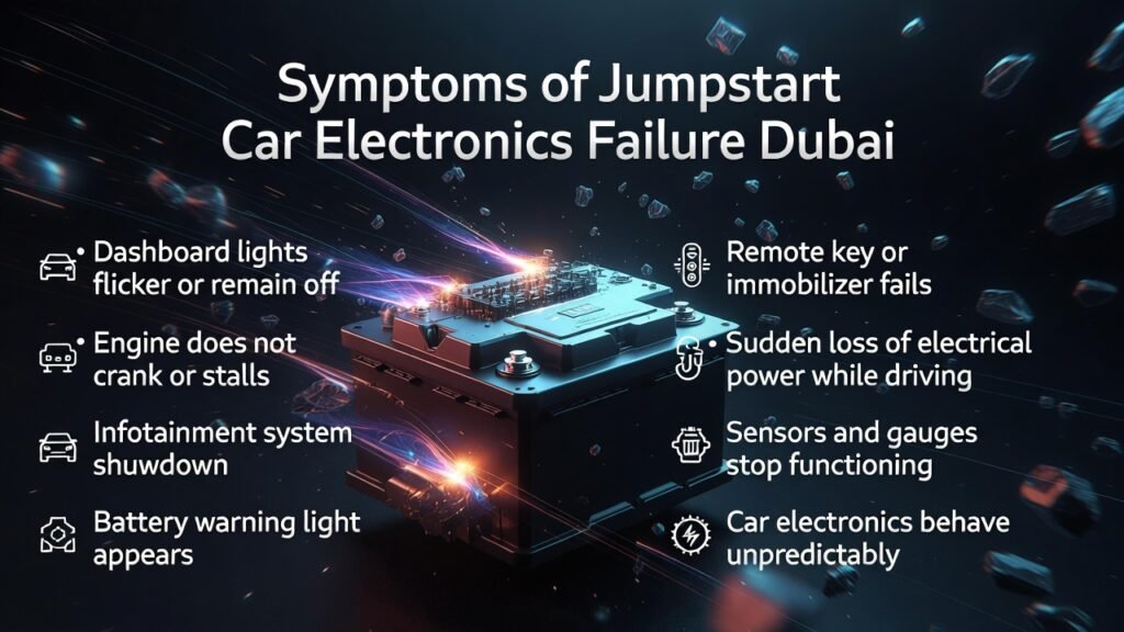 Symptoms of Jumpstart Car Electronics Failure Dubai – Premium Infographic High-quality 4K infographic showing a central premium car battery or electronics system, headline at the top, and key symptoms of jumpstart electronics failure in Dubai displayed on left and right sides with electric glow and animated-style accents.
