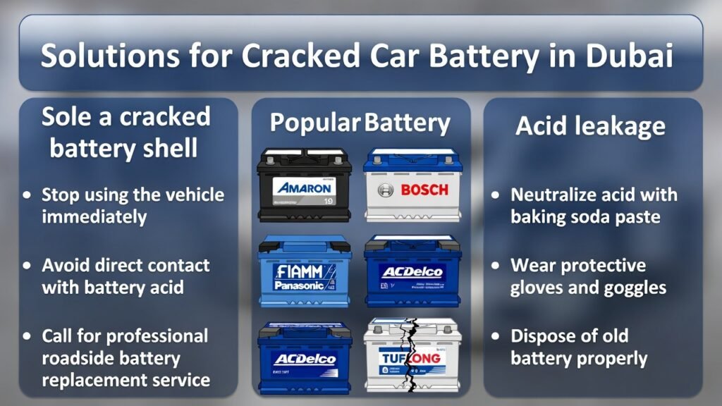 Solutions for Cracked Car Battery in Dubai – User Guide “User guide infographic showing solutions for a cracked car battery in Dubai, with table points on side panels and popular battery brand visuals in the center in animated professional style.”