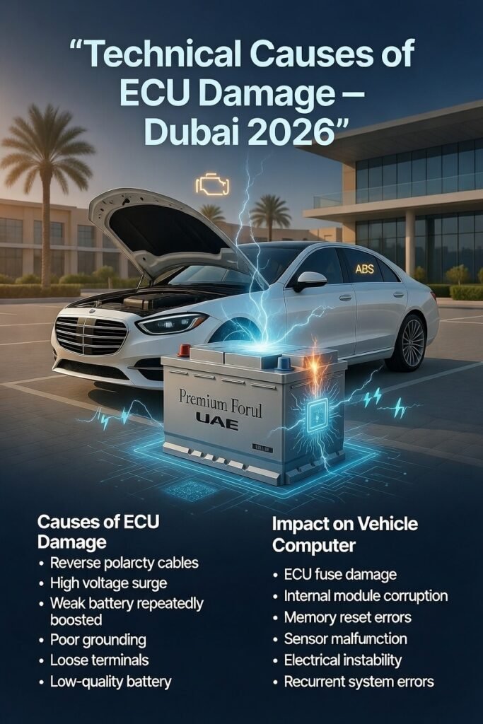 Infographic showing technical causes of ECU damage in vehicles, including reverse polarity, voltage surge, weak battery, poor grounding, and their impact on internal vehicle modules.