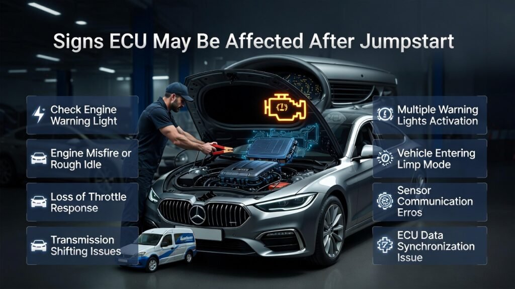 Signs ECU May Be Affected After Jumpstart โ Car ECU Warning Symptoms Guide Signs ECU may be affected after jumpstart showing dashboard warning lights and ECU electronic system disruption in a car engine during jumpstart.