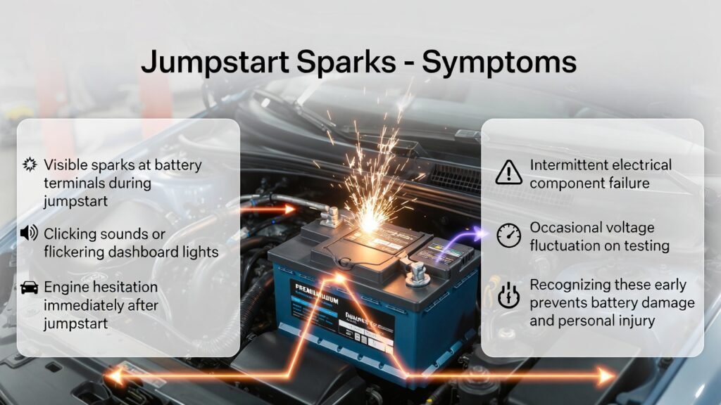 Infographic showing jumpstart spark symptoms including visible sparks, dashboard flicker, engine hesitation, electrical failures, and voltage fluctuations.