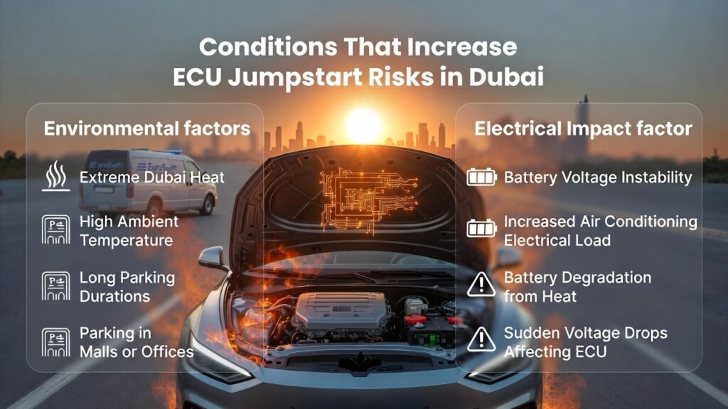 Conditions Increasing ECU Jumpstart Risks in Dubai โ Battery Heat Impact Guide Conditions that increase ECU jumpstart risks in Dubai showing extreme heat, battery voltage instability, and vehicle electronics sensitivity.