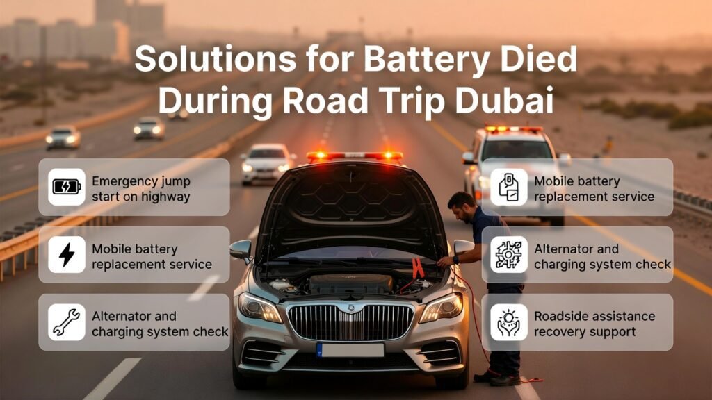 Car roadside emergency in Dubai highway with technician performing jump start and showing battery solutions