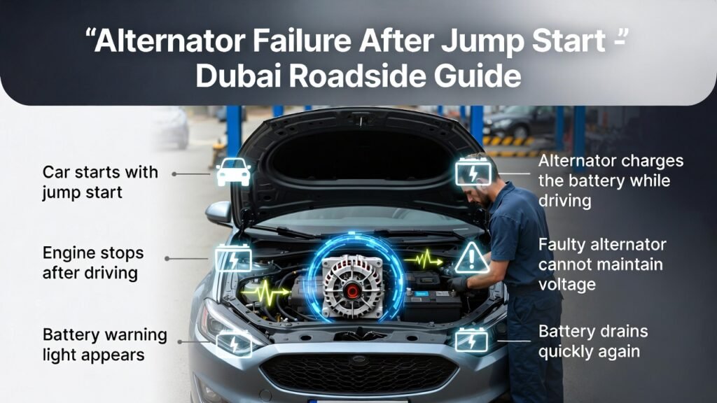 Alternator failure after jump start showing a car with open hood while a technician checks the alternator and infographic points explain battery drain and warning signs.