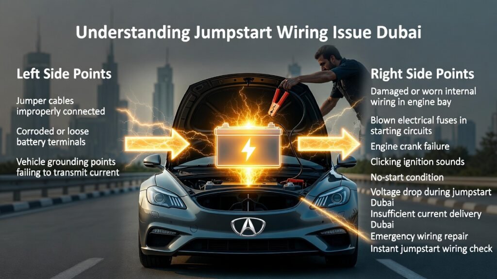 Understanding Jumpstart Wiring Issue Dubai Infographic showing a luxury vehicle in Dubai with a technician performing a jumpstart, highlighting wiring issues, corroded terminals, and emergency electrical troubleshooting.