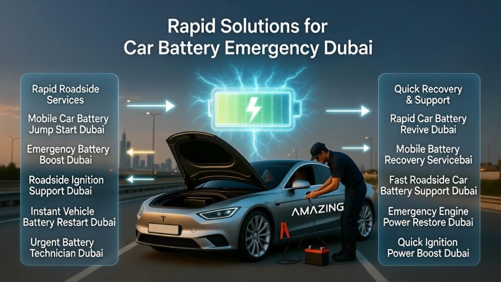 Rapid Solutions for Car Battery Emergency Dubai Infographic showing rapid solutions for car battery emergency Dubai with a technician jump-starting a luxury vehicle and key roadside support services highlighted.