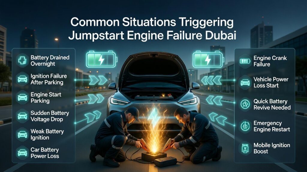 Common Situations Triggering Jumpstart Engine Failure Dubai Common situations triggering jumpstart engine failure Dubai infographic showing a technician jump starting a car battery with roadside emergency ignition support.
