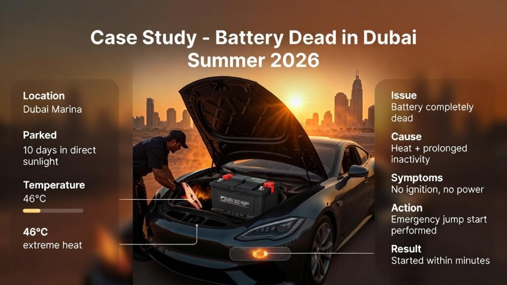 Infographic showing a luxury car in Dubai Marina under extreme summer heat with a technician performing a jump start and key case study details displayed around the image.