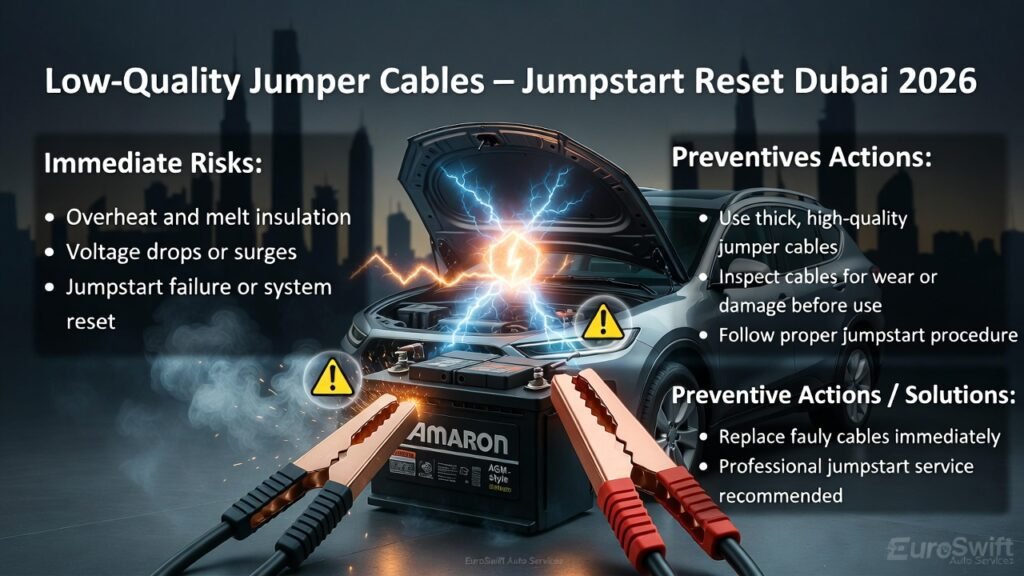 Modern SUV in Dubai with thin or damaged jumper cables during jumpstart, showing sparks, voltage surges, and risk of system reset; infographic highlights risks and preventive solutions.