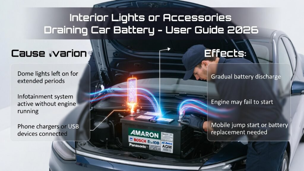 Car battery drained by interior lights and accessories showing a parked car with hood open, technician inspecting battery, and infographic points on causes and effects.