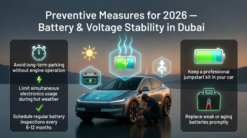 Preventive measures for battery and voltage stability in Dubai, including regular inspections, limited electronics usage, professional jumpstart kit, and prompt replacement of weak batteries.