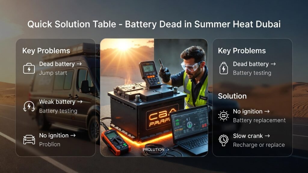 Infographic showing a car battery inspection in extreme summer heat with quick problem and solution points displayed around the central image.