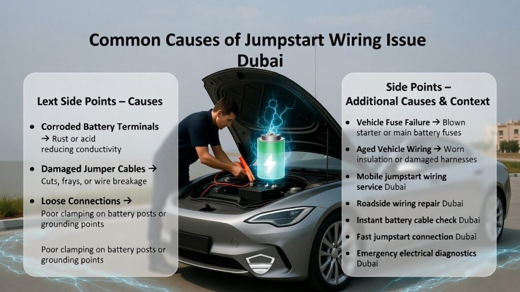 Common Causes of Jumpstart Wiring Issue Dubai Infographic showing a luxury car in Dubai being jump-started with jumper cables, highlighting common causes of wiring issues, corroded terminals, damaged cables, and roadside solutions.