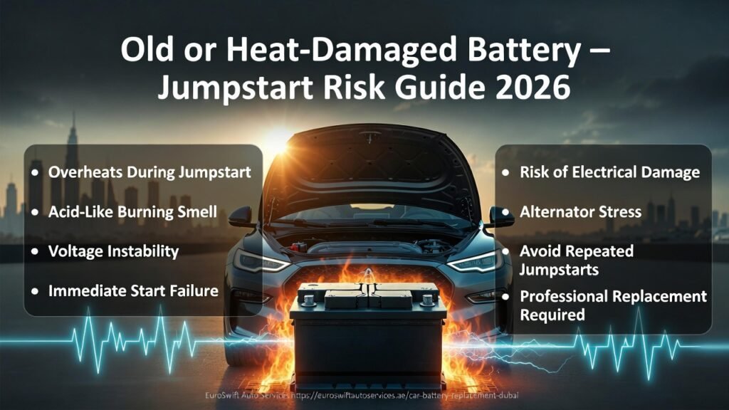 Old heat-damaged car battery overheating during jumpstart in Dubai showing voltage instability, burning smell risk, and professional battery replacement solution 2026.