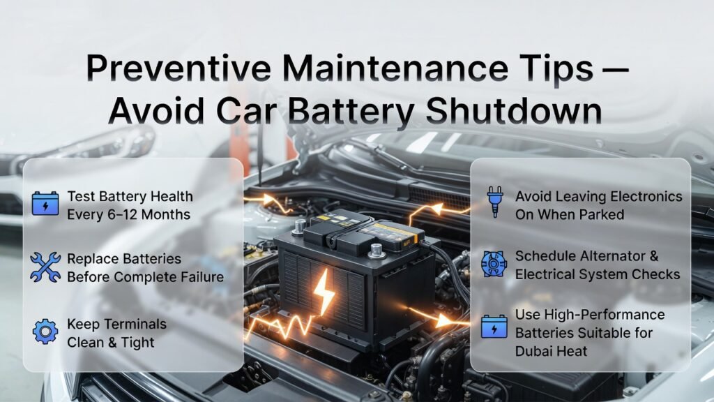 Infographic showing preventive maintenance tips to avoid car battery shutdown, including battery testing, terminal care, and use of high-performance batteries.
