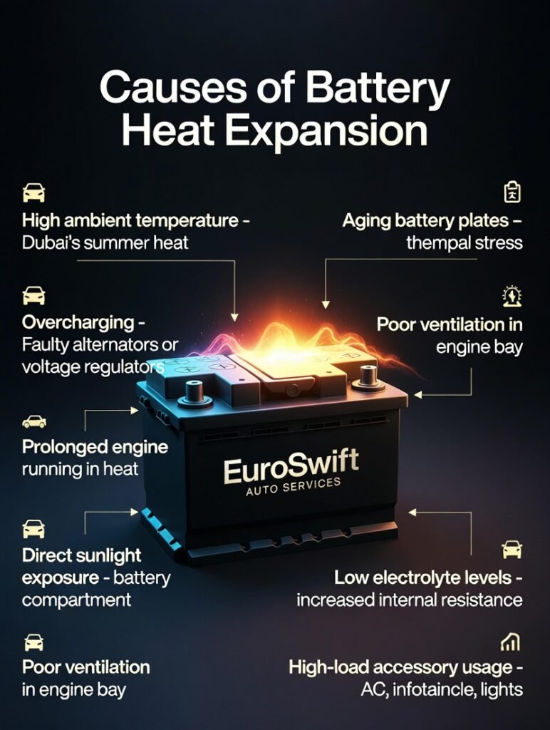 Infographic showing causes of battery heat expansion with central branded car battery and side bullet points for high ambient temperature, overcharging, sunlight exposure, aging plates, low electrolyte, poor ventilation, and high-load usage.