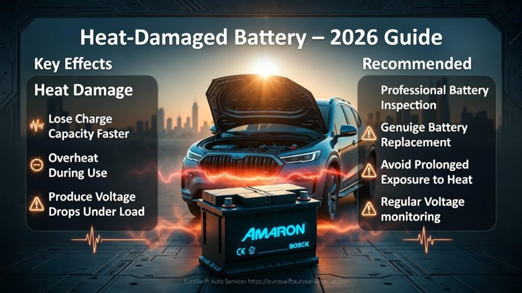 Modern SUV in Dubai with heat-damaged battery producing voltage drops and overheating; infographic shows loss of charge capacity and professional replacement solutions.