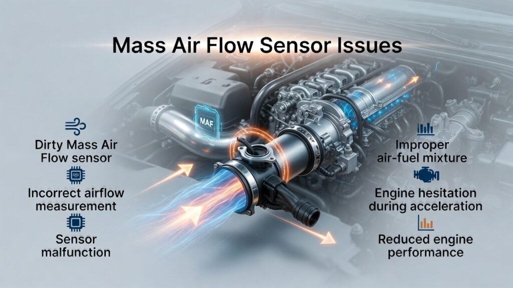 Mass air flow sensor issues infographic showing dirty MAF sensor causing incorrect airflow readings and engine hesitation