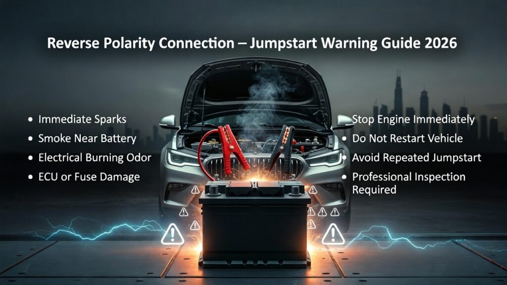Reverse polarity jumpstart connection in Dubai showing crossed battery terminals, sparks, smoke, and electrical damage warning signs 2026.